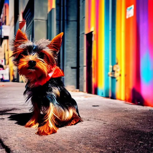 Image similar to photography of a Yorkie sitting on a box. in a cyberpunk street, award winning photo, saturated, colored, colors, 100mm, sharp, high res