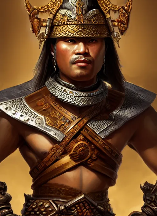 Image similar to smart tai warlord, closeup portrait, historical hero, ethnic group, sukhothai costume, bronze headset, intricate, with leather armor cross on bare chest, tai body tattoo, elegant, loin cloth, highly detailed, oil painting, artstation, concept art, matte, sharp focus, illustration, hearthstone, art by earl norem