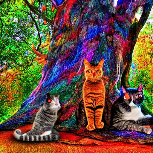 Prompt: Giant Tree Filled with multicolored cats HDR