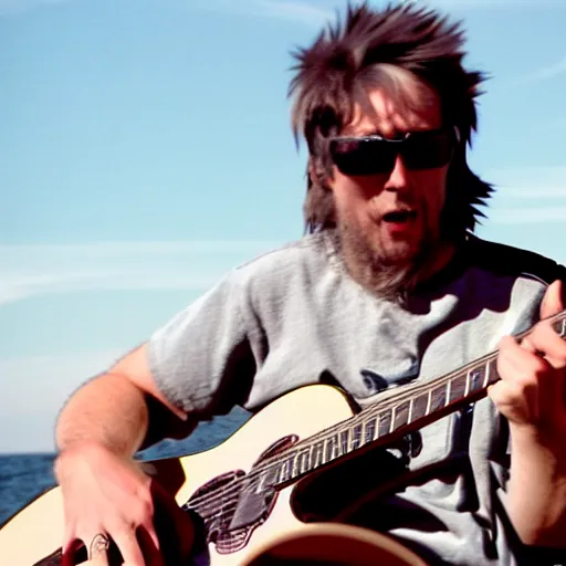 Prompt: film still of A man playing guitar crying with black sunglasses on