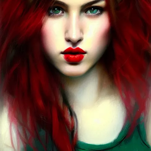 Image similar to a realistic illustration portrait of a beautiful cute girl with wavy short black and red hair, a pointy nose and, round chin black eyeliner and green pupills, in a garden, trending on artstation, hyper - realistic lighting, intricate by casey baugh