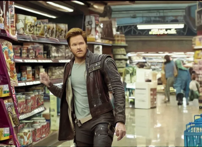 Image similar to film still of Star-Lord shopping in a supermarket in the new Guardians of the Galaxy movie, 4k