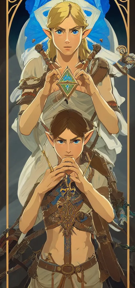 Image similar to perfectly detailed breath of the wild tarot card!! blessed by nature with ever - increasing physical mental perfection, symmetrical! intricate, sensual features, highly detailed, biblical divine holy perfection!! digital painting, artstation, concept art, smooth, sharp focus, illustration, art by artgerm and greg rutkowski and alphonse mucha