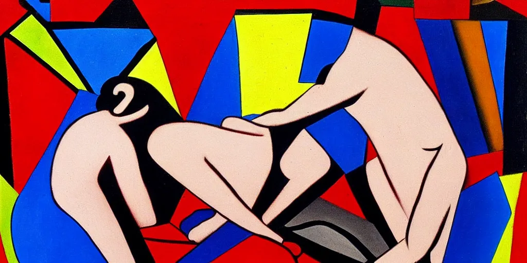 Image similar to a man being overcome by love, blue red black yellow, detailed painting by painting by man ray and pablo amaringo