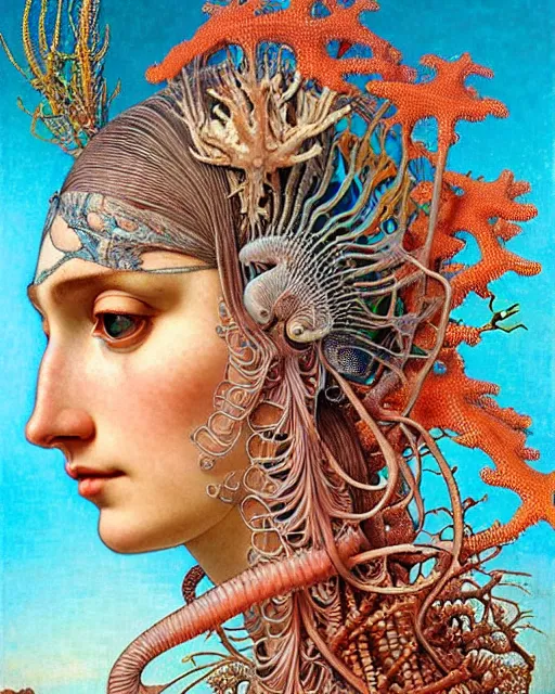 Image similar to hyperrealistic detailed face side portrait of the beautiful goddess of the fish skeletons with an intricate headgear of corals, sea kelp, sea plants, fish, starfish, jellyfish, art by ernst haeckel, john william godward, android jones, alphonso mucha, h. r. giger, gothic - cyberpunk, ornamental, beautiful deep colours,