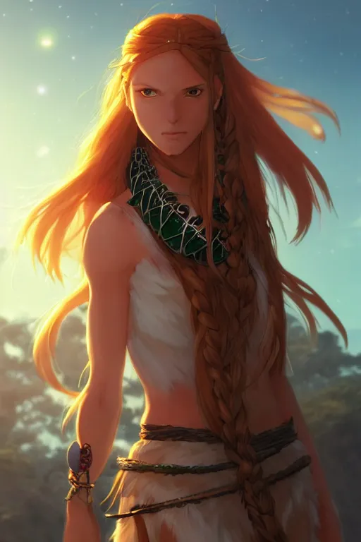 Image similar to long ginger hair, tanned woman in a prehistoric outfit, green eyes, fang necklace, by artgerm, hair tied in a ponytail, white backdrop, soft lighting, night time, by greg rutkowski makoto shinkai takashi takeuchi