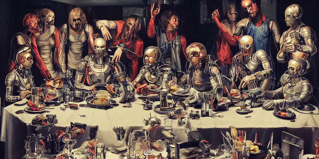 Prompt: !5 diverse cyborgs on !one_side of a reflective !cybernetic table, !!posing_as_last_supper, inticrate detailed glowing implants, !!highly detailed, beautiful lighting