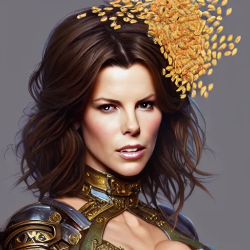 Image similar to Kate Beckinsale covered in honey eating fork, D&D, fantasy, intricate, elegant, highly detailed, digital painting, artstation, concept art, matte, sharp focus, illustration, hearthstone, art by Artgerm and Greg Rutkowski and Alphonse Mucha