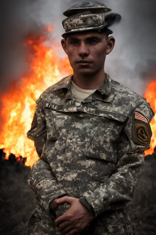 Image similar to portrait of a lost soldier with eyes of sorrow standing Infront of a burning building. Realism. V-Ray. 8K. Photography. Sad. Moody. Emotional.