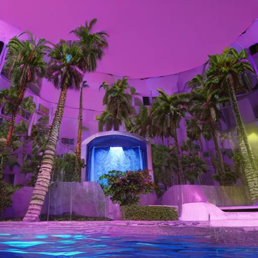 Image similar to a hyperrealistic 3 d render of a crumbling statue in a surreal underground swimming pool surrounded by palm trees and neon lights, vaporwave, unreal engine, octane render, dramatic lighting, volumetric lighting, ultra detailed, photorealistic