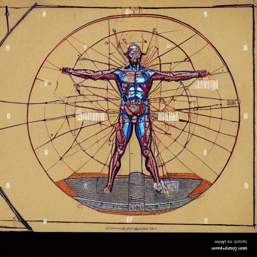 Image similar to a brilliantly colored scroll of an exploded diagram of a detailed engineering schematic of a cyborg samurai in the pose vitruvian man in the style of jean giraud