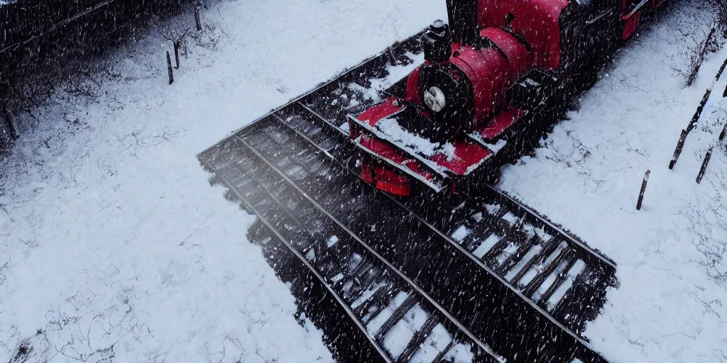 Image similar to a high detail photograph of a heavy steam train in the snow under a blizzard, realism, 4 k, award winning photograph, octane render, award winning photograph