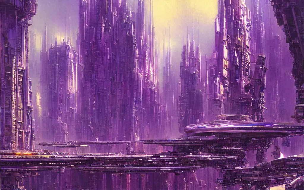 Prompt: a futurist cybernetic purple city, future perfect, award winning digital art by alan bean and bruce pennington