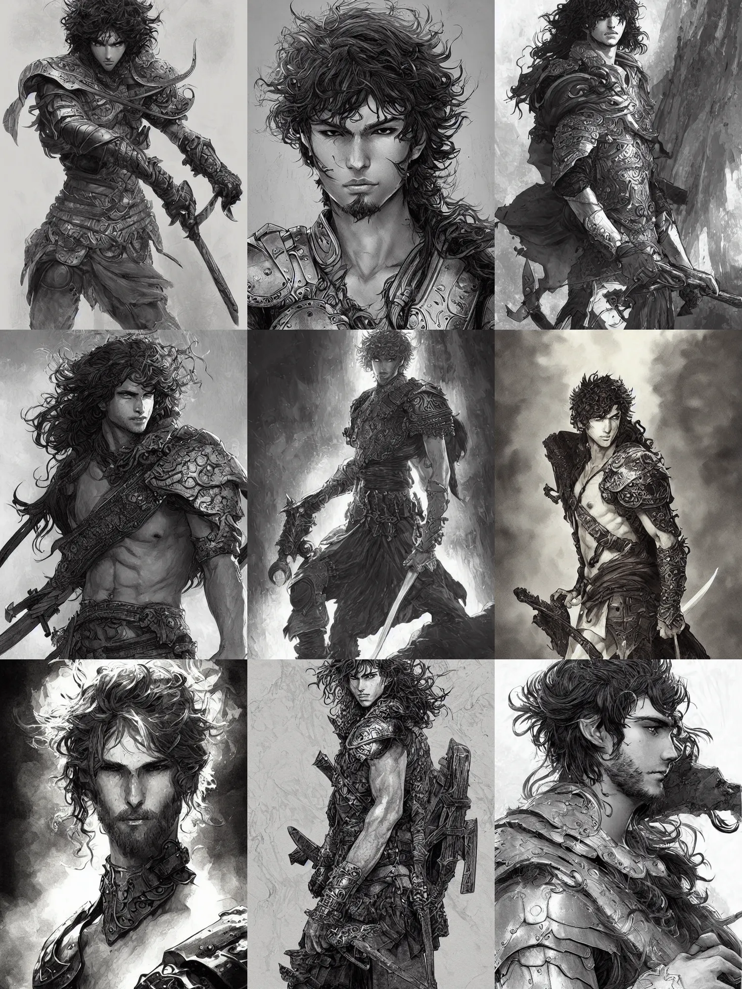 Prompt: picture of a teenager warrior, male, messy curly hair, early beard, skinny, simple armor, handsome features, highly detailed, detailed face, manga illustration, black and white, by artgerm, greg rutkowski, alphonse mucha