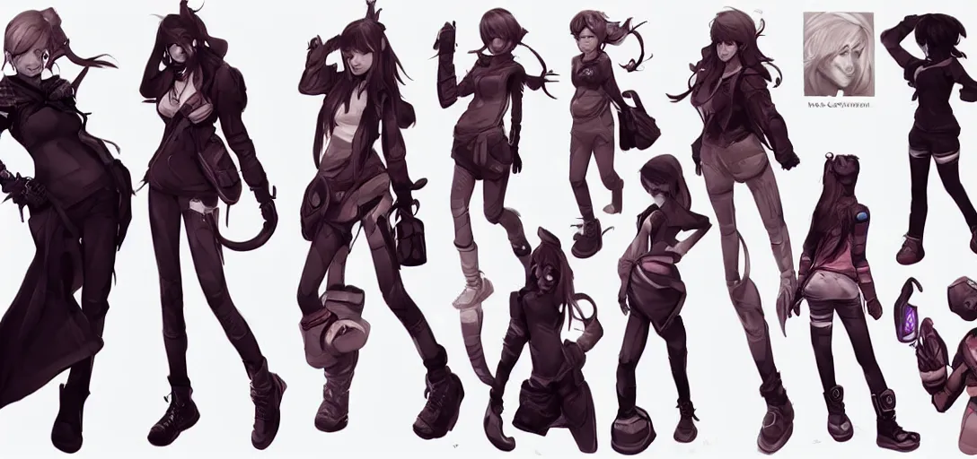 Image similar to character sheet concept art of female video game characters, unique silhouettes, cute casual streetwear, by marc brunet and artgerm