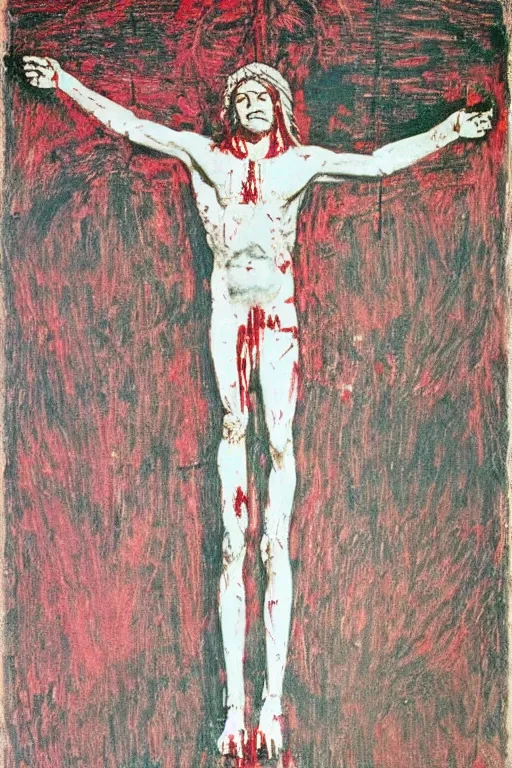 Image similar to bloody christ crucified and some bright ufo in the sky painted by cy twombly and andy warhol