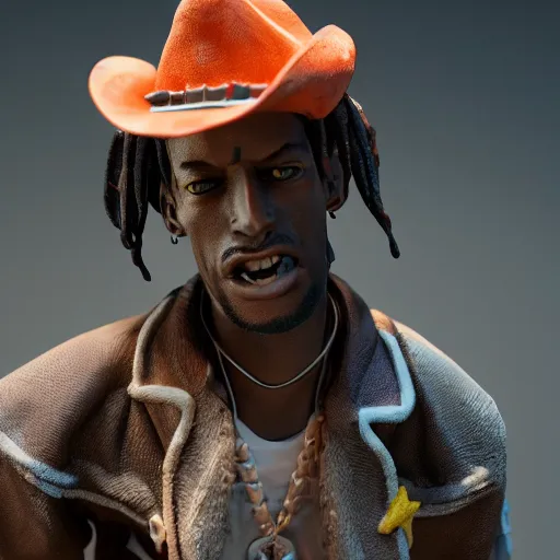 Prompt: Travis Scott as a cowboy, figurine, blender, octane render, 8k, hyperdetalied, studio lighting, trending on ArtStation, high quality,