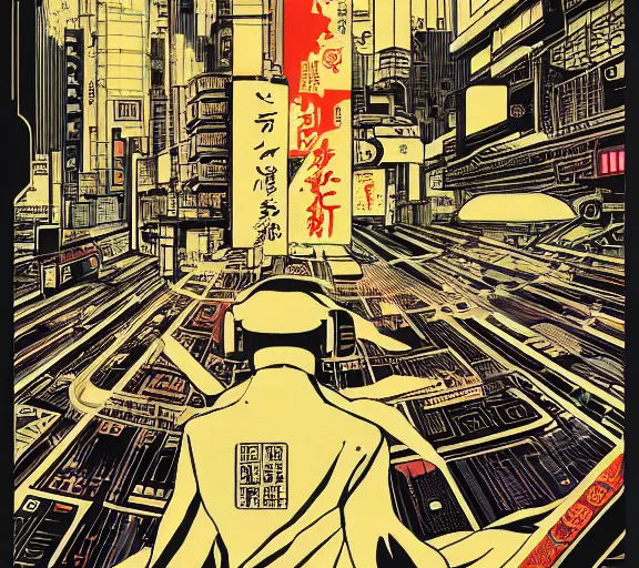 Image similar to futuristic japanese cyberpunk bladerunner silk screen by utagawa yoshiiku, ohara koson, pixiv contest winner, cyberpunk style, cyberpunk color scheme, mechanical, robotic, human machine interface, high resolution, hd