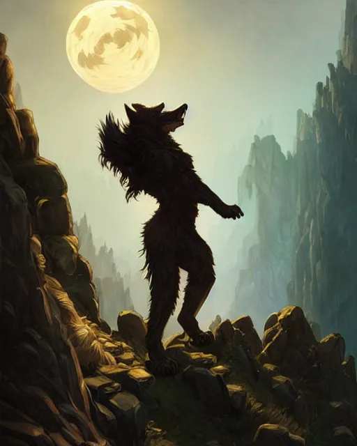 Image similar to werewolf standing on a cliff, backlight, rim lighting, deep focus, d & d, fantasy, intricate, elegant, highly detailed, digital painting, artstation, concept art, matte, sharp focus, illustration, hearthstone, art by artgerm and greg rutkowski and alphonse mucha