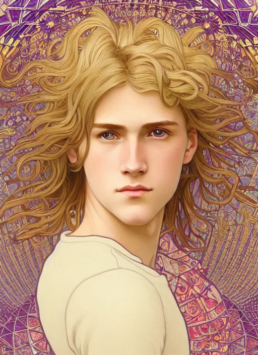 Image similar to pretty young man with shoulder length shiny shimmering golden blond hair, half body shot, emotional, decorative flower patterned background, path traced, highly detailed, high quality, digital painting, by studio ghibli and alphonse mucha, leesha hannigan, hidari, disney, jules bastien - lepage, art nouveau