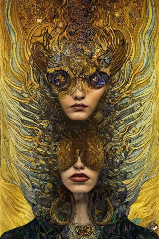 Image similar to Metamorphosis by Karol Bak, Jean Deville, Gustav Klimt, and Vincent Van Gogh, transformation portrait, chimera, visionary, cicada wings, otherworldly, fractal structures, ornate gilded medieval icon, third eye, dynamic, hybrid, fusion, change, spirals, horizontal symmetry