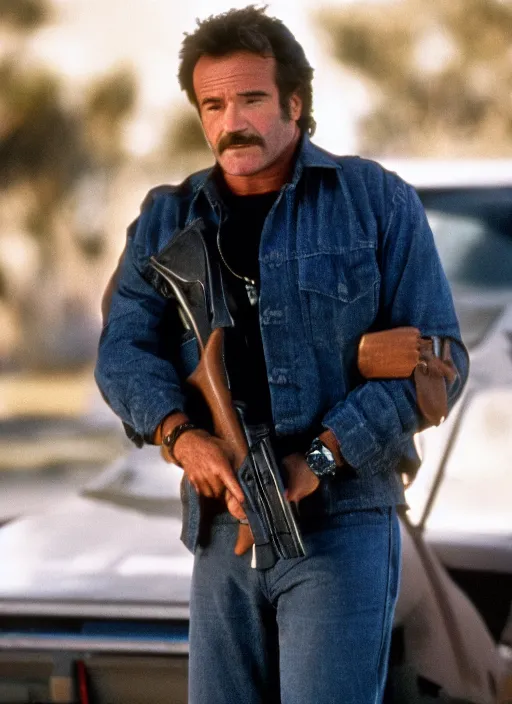 Prompt: film still of Robin Williams as Martin Riggs in Lethal Weapon, 4k