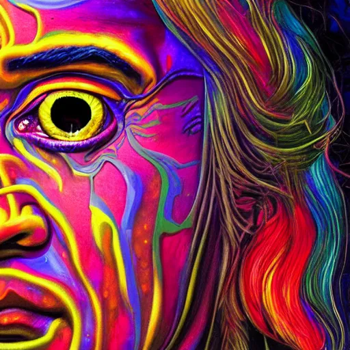 Image similar to an extremely psychedelic portrait of ronnie james dio, surreal, lsd, face, detailed, intricate, elegant, lithe, highly detailed, digital painting, artstation, concept art, smooth, sharp focus, illustration