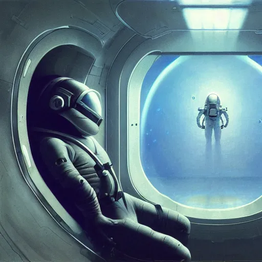 Image similar to detailed character concept art portrait of an astronaut floating in an empty chamber, artstation, award - winning realistic sci - fi concept art by zdzisław beksinski and greg rutkowski, jim burns, a realism masterpiece, james gilleard, bruegel, alphonse mucha, and yoshitaka amano