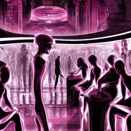 Image similar to ultra realist soft painting render of the inside futuristic bar in loveraftian universe, beautiful cyborg dancers, crowded silhouettes, symmetry accurate features, very intricate details, black white red purple color palette, masterpiece award winning, cinematic lighting, focus