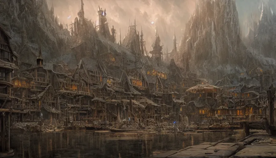 Image similar to establishing shot of laketown, ray traced lighting by gerald brom and greg rutkowski