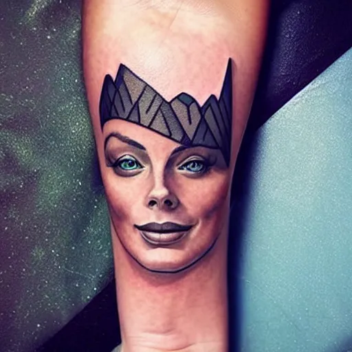 Image similar to realism tattoo design of margot robbie and beautiful mountains mash up, in the style of arlo dicristina, amazing detail, face morph