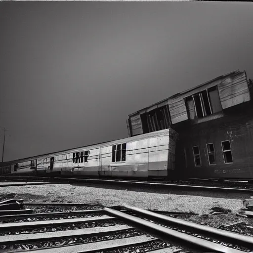 Prompt: a train crashing into a brutalist building, film photo, moody lighting, depressing gradient