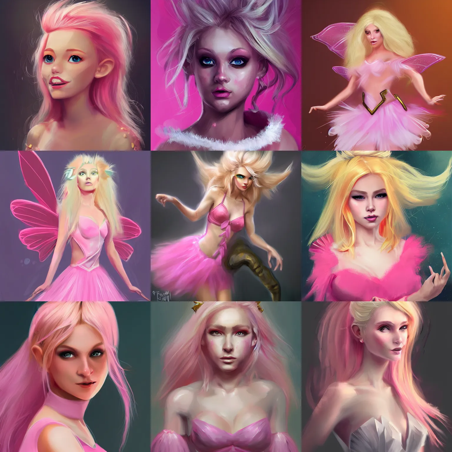 Prompt: character concept portrait, blonde fairy woman, wearing a pink romantic tutu, digital painting, concept art, smooth, sharp focus, illustration, trending on artstation, fantasy