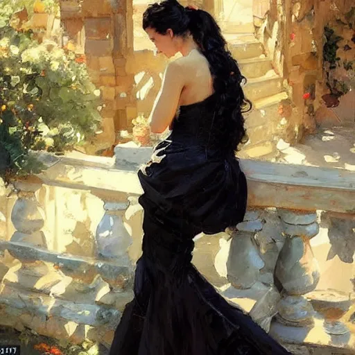 Prompt: a beautiful contemplative woman in a ball gown, black hair in a bun, looking off to one side, character portrait by michael garmash, karol bak, greg rutkowski