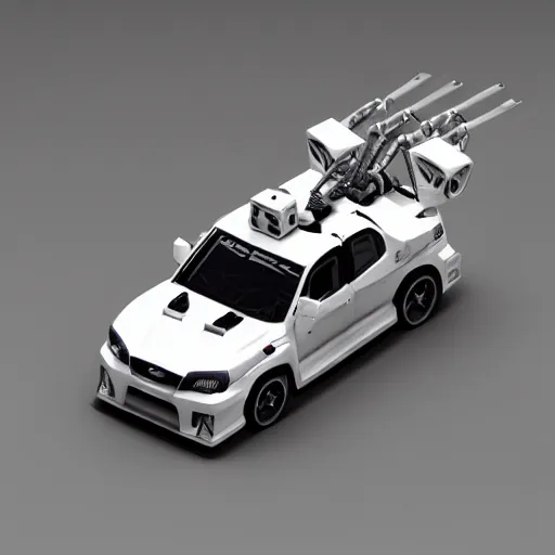 Prompt: isometric 3 d render of a white subaru wrx mecha battle bot, a battle robot in the style of a white subaru wrx car, unreal engine, highly detailed isometric 3 d video game art