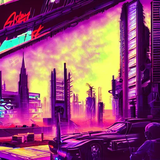 Prompt: chatedral in heaven,cyberpunk,retrowave art,trending on art station