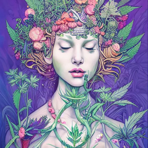 Image similar to goddess of plant medicine art by james jean, and art by loish highly detailed painting trending on arstation vivid colors cannabis