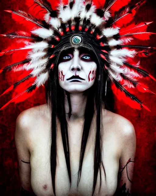 Image similar to lady native sisters ghost - spirit of the grim - warpaint wears the scarlet skull armor and native blood headdress feathers, midnight fog - mist!, dark oil painting colors, realism, cinematic lighting, various refining methods, micro macro autofocus, ultra definition, award winning photo, photograph by ghostwave - gammell - giger - shadowlord