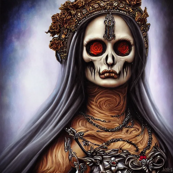 Image similar to close up portrait, goddess of death, by anne stokes, photorealism, highly detailed