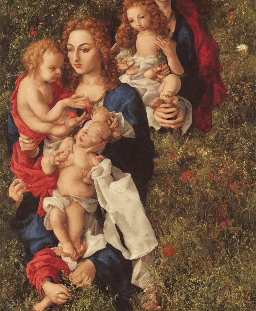 Image similar to Detailed Portrait of Madonna, with infant Jesus playin with thin long cross in the style of Raffael. Red curly hair, gloriole. They are sitting in a dried out meadow in Tuscany, red poppy in the field. On the horizon there is a blue lake with a town like florence and blue mountains alps. Golden Ratio. Flat perspective.