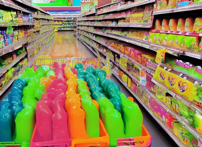 Image similar to the episode of supermarket sweep where the aisles are filled with nickelodeon slime hd