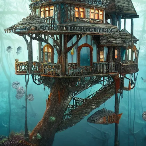 Image similar to underwater tree house, full - body : : symmetrical, eerie, insanely detailed, hypermaximalist, elegant, hyper realistic, super detailed, pastel colors, cinematic, unreal engine, 8 k,