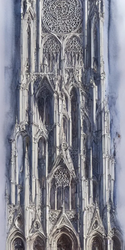 Image similar to A beautiful watercolor of the most emblematic facade of gothic, by albert kiefer, octane render, extremely detailed, architecture drawing, drawing, line drawing, pastel color, people, trending on artstation