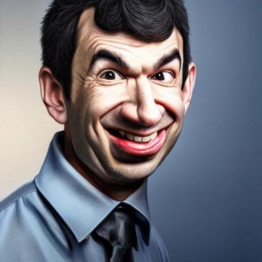 Image similar to hyper realistic portrait of a 3 d caricature of nathan fielder making absurd faces, painted by greg rutokowski, artgerm