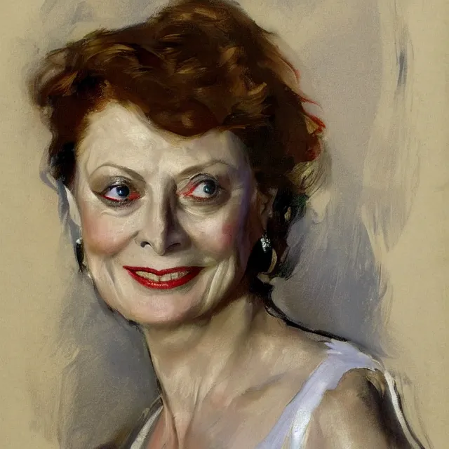 Image similar to a terrible portrait of susan sarandon by john singer sargent and norman rockwell. weak brushwork, amateur art.