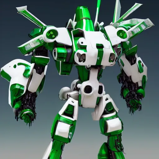 Image similar to miniature saudi samurai mecha, green and white, full body mecha suit, epic urban battle, Murata Yasushi Nirasawa Style, beautiful aesthetic, photorealistic, volumetric lighting, hyperrealistic, tiltshift, octane render, HDR, Production IG Studios Anime Style