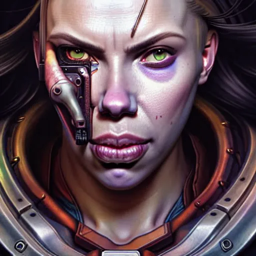 Image similar to portrait painting of a cyberpunk orc doctor extremely muscular ugly scarlett johansson with misshapen teeth, ultra realistic, concept art, intricate details, eerie, highly detailed, photorealistic, octane render, 8 k, unreal engine. art by artgerm and greg rutkowski and charlie bowater and magali villeneuve and alphonse mucha