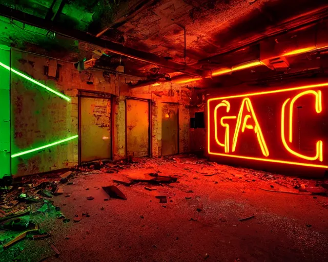 Prompt: An abandoned industial basement lit by a neon sign that says GAK, GAK sign, basement, cinematography by Robby Müller, GAK basement, industrial