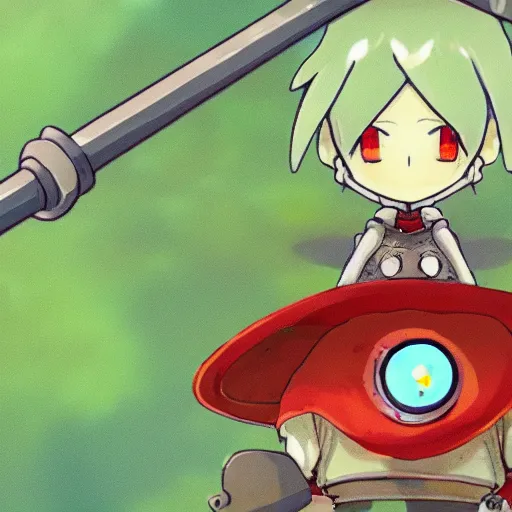 Image similar to cute robot with big tomato hat and a chive sword, made in abyss style