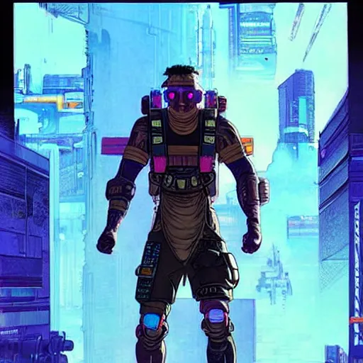 Image similar to Apex legends cyberpunk fitness dude. Concept art by James Gurney and Mœbius.